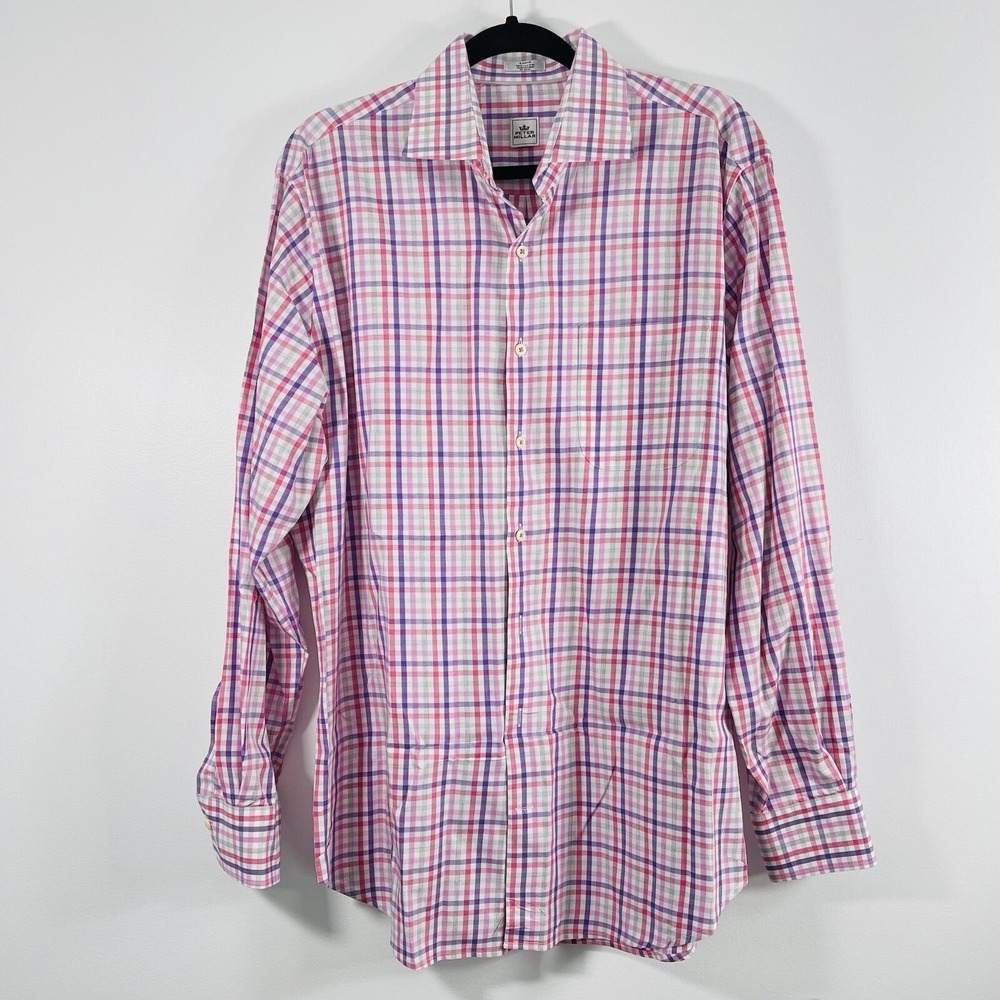 Peter Millar Dress Shirt Men's L Purple Button Down Checked Long Sleeve Cotton